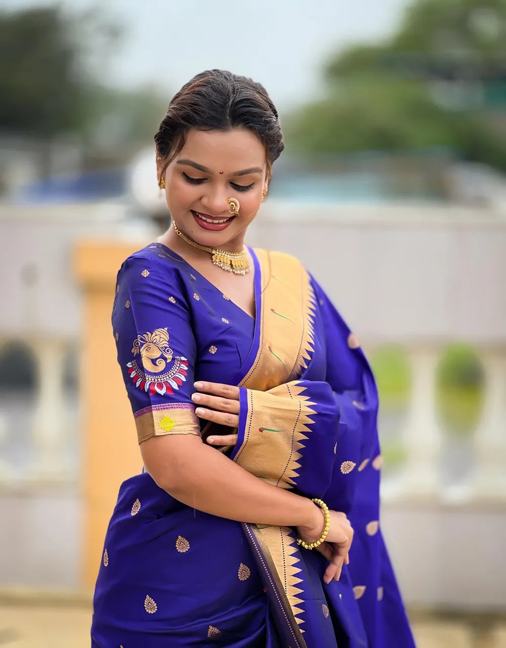 Traditional Paithani Silk Saree with Ganapati Pallu & Zari Weaving (Purple)
